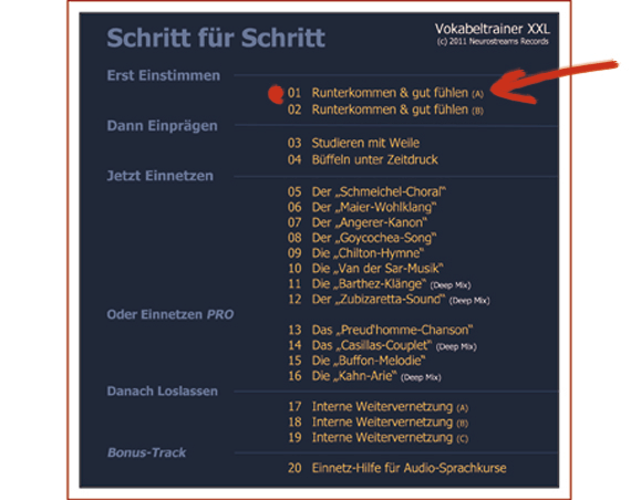 Trackliste des XXL Vokabeltrainers, ein roter Pfeil zeigt auf Track 01 Runterkommen und gut fühlen